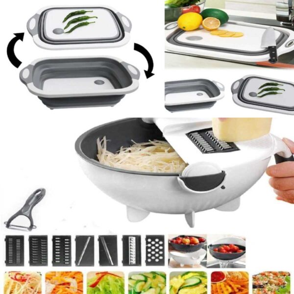 9 in 1 Vegetable Cutter with Drain Basket & Folding/ Collapsible Cutting Board Combo